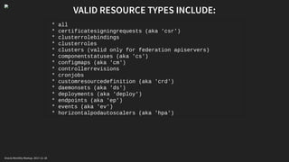 VALID RESOURCE TYPES INCLUDE:
* all
* certificatesigningrequests (aka 'csr')
* clusterrolebindings
* clusterroles
* clusters (valid only for federation apiservers)
* componentstatuses (aka 'cs')
* configmaps (aka 'cm')
* controllerrevisions
* cronjobs
* customresourcedefinition (aka 'crd')
* daemonsets (aka 'ds')
* deployments (aka 'deploy')
* endpoints (aka 'ep')
* events (aka 'ev')
* horizontalpodautoscalers (aka 'hpa')
Oracle Monthly Meetup. 2017-11-18
 