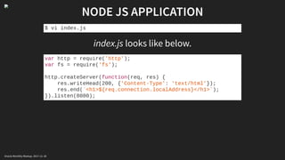 NODE JS APPLICATION
index.js looks like below.
$ vi index.js
var http = require('http');
var fs = require('fs');
http.createServer(function(req, res) {
res.writeHead(200, {'Content-Type': 'text/html'});
res.end(`<h1>${req.connection.localAddress}</h1>`);
}).listen(8080);
Oracle Monthly Meetup. 2017-11-18
 