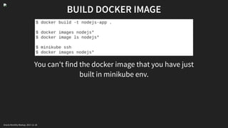 BUILD DOCKER IMAGE
You can't find the docker image that you have just
built in minikube env.
$ docker build -t nodejs-app .
$ docker images nodejs*
$ docker image ls nodejs*
$ minikube ssh
$ docker images nodejs*
Oracle Monthly Meetup. 2017-11-18
 