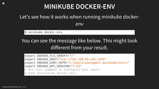 MINIKUBE DOCKER-ENV
Let's see how it works when running minikube docker-
env
You can see the message like below. This might look
diﬀerent from your result.
$ minikube docker-env
export DOCKER_TLS_VERIFY="1"
export DOCKER_HOST="tcp://192.168.99.101:2376"
export DOCKER_CERT_PATH="C:Usersyounggki.minikubecerts"
export DOCKER_API_VERSION="1.23"
# Run this command to configure your shell:
# eval $(minikube docker-env)
Oracle Monthly Meetup. 2017-11-18
 