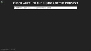 CHECK WHETHER THE NUMBER OF THE PODS IS 3
$ kubectl get all -l app=nodejs-app3
Oracle Monthly Meetup. 2017-11-18
 