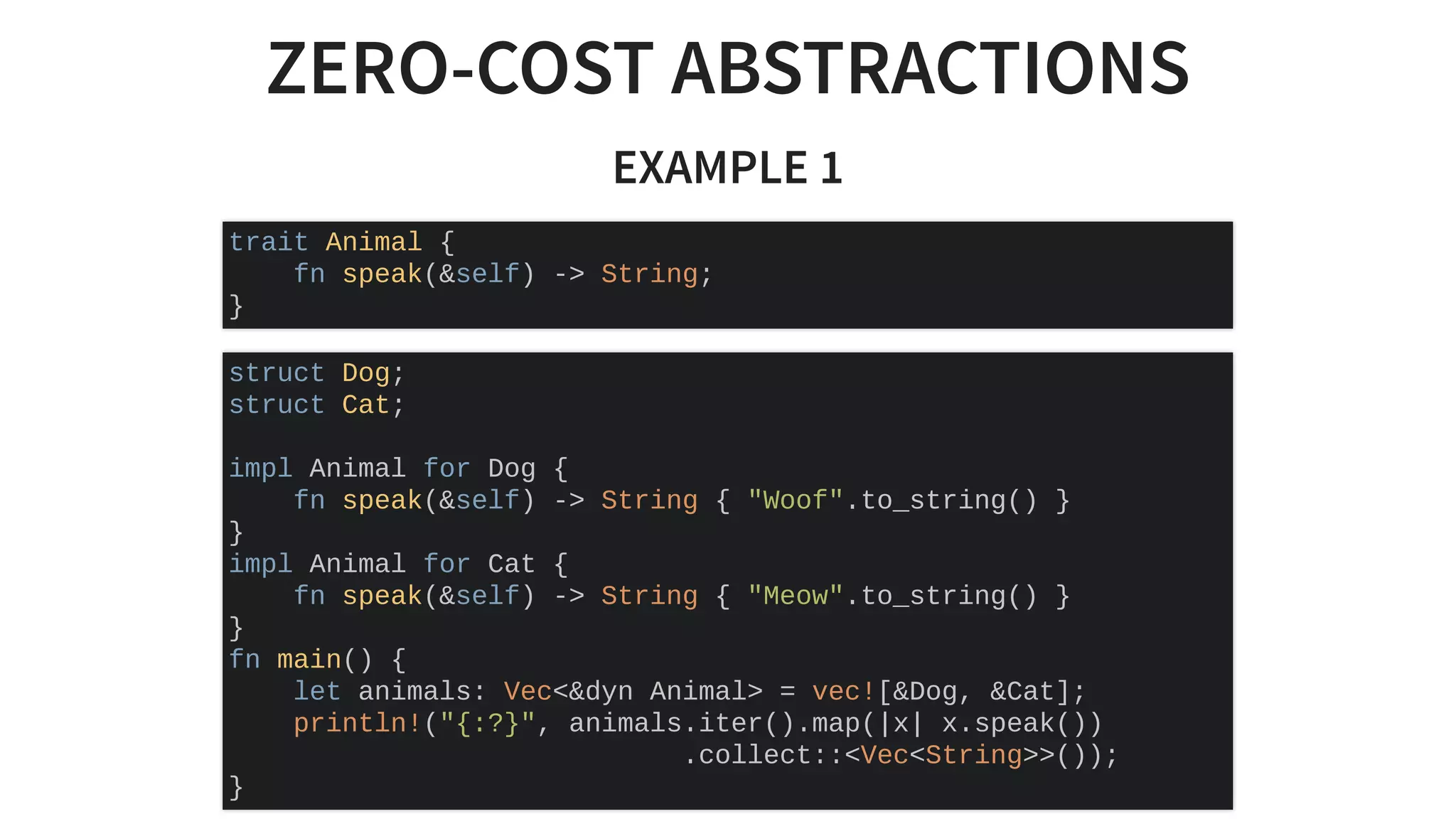 ZERO-COST ABSTRACTIONS
EXAMPLE 1
trait Animal {
fn speak(&self) -> String;
}
struct Dog;
struct Cat;
impl Animal for Dog {
fn speak(&self) -> String { "Woof".to_string() }
}
impl Animal for Cat {
fn speak(&self) -> String { "Meow".to_string() }
}
fn main() {
let animals: Vec<&dyn Animal> = vec![&Dog, &Cat];
println!("{:?}", animals.iter().map(|x| x.speak())
.collect::<Vec<String>>());
}
 