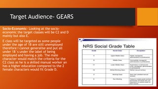 Target Audience- GEARS
Socio-Economic- Looking at the socio-
economic the target classes will be C2 and D
mainly but also E.
E class will be targeted as some people
under the age of 18 are still unemployed
therefore I cannot generalise and put all
under 18`s under the label of being
employed and having a job. The male
character would match the criteria for the
C2 class as he is a skilled manual worker an
has a higher education compared to the 2
female characters would fit Grade D.
 