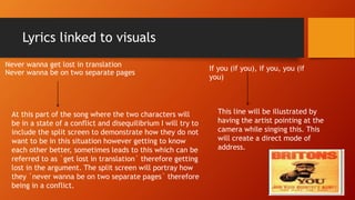 Lyrics linked to visuals
Never wanna get lost in translation
Never wanna be on two separate pages
At this part of the song where the two characters will
be in a state of a conflict and disequilibrium I will try to
include the split screen to demonstrate how they do not
want to be in this situation however getting to know
each other better, sometimes leads to this which can be
referred to as `get lost in translation` therefore getting
lost in the argument. The split screen will portray how
they `never wanna be on two separate pages` therefore
being in a conflict.
If you (if you), if you, you (if
you)
This line will be illustrated by
having the artist pointing at the
camera while singing this. This
will create a direct mode of
address.
 