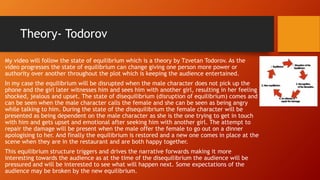 Theory- Todorov
My video will follow the state of equilibrium which is a theory by Tzvetan Todorov. As the
video progresses the state of equilibrium can change giving one person more power or
authority over another throughout the plot which is keeping the audience entertained.
In my case the equilibrium will be disrupted when the male character does not pick up the
phone and the girl later witnesses him and sees him with another girl, resulting in her feeling
shocked, jealous and upset. The state of disequilibrium (disruption of equilibrium) comes and
can be seen when the male character calls the female and she can be seen as being angry
while talking to him. During the state of the disequilibrium the female character will be
presented as being dependent on the male character as she is the one trying to get in touch
with him and gets upset and emotional after seeking him with another girl. The attempt to
repair the damage will be present when the male offer the female to go out on a dinner
apologising to her. And finally the equilibrium is restored and a new one comes in place at the
scene when they are in the restaurant and are both happy together.
This equilibrium structure triggers and drives the narrative forwards making it more
interesting towards the audience as at the time of the disequilibrium the audience will be
pressured and will be interested to see what will happen next. Some expectations of the
audience may be broken by the new equilibrium.
 