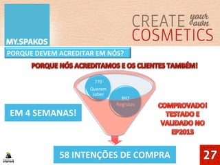 12	
  
PORQUE	
  DEVEM	
  ACREDITAR	
  EM	
  NÓS?	
  
Copyright	
  MY.SPAKOS	
  58	
  INTENÇÕES	
  DE	
  COMPRA	
  
392	
  
Registos	
  
770	
  
Querem	
  
saber	
  
EM	
  4	
  SEMANAS!	
  
 