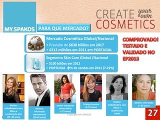 9	
  
PARA	
  QUE	
  MERCADO?	
  
Copyright	
  MY.SPAKOS	
  
Mulher	
  
trabalhadora	
  com	
  	
  
ﬁlhos	
  e	
  	
  
rendimento	
  alto	
  
(35-­‐	
  50	
  anos)	
  
Jovem	
  estudante	
  
universitária	
  
(<	
  25	
  anos)	
  
Homem	
  
informado	
  
metrosexual	
  
(30-­‐45	
  anos)	
  
Criança/menina	
  
(6-­‐12	
  anos)	
  
Mulher	
  reformada	
  
(>	
  65	
  anos)	
  
Mulher	
  
trabalhadora	
  com	
  
ﬁlhos	
  e	
  
rendimento	
  
médio	
  
(30-­‐	
  40	
  anos)	
  
Mercado	
  Cosméfca	
  Global/Nacional	
  
• Previsão	
  de	
  $630	
  biliões	
  em	
  2017	
  
• €212	
  milhões	
  em	
  2011	
  em	
  PORTUGAL	
  
Segmento	
  Skin	
  Care	
  Global	
  /Nacional	
  
•  $100	
  biliões	
  em	
  2012	
  
•  PORTUGAL	
  	
  é%	
  de	
  vendas	
  em	
  2011	
  (7-­‐22%)	
  
 