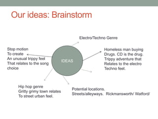 Our ideas: Brainstorm

                                          Electro/Techno Genre

Stop motion                                            Homeless man buying
To create                                              Drugs. CD is the drug.
An unusual trippy feel                                 Trippy adventure that
                                  IDEAS
That relates to the song                               Relates to the electro
choice                                                 Techno feel.



      Hip hop genre
                                      Potential locations.
      Gritty grimy town relates
                                      Streets/alleyways. Rickmansworth/ Watford/
      To street urban feel.
 