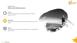 Ein Service von
Zielgruppe
Jeder, der besser Nutzen und Mehrwerte verkaufen will, statt über
Preise.
Inhalte
Intensive Praxisübungen, in denen über Nutzen statt Features
gesprochen wird.
Nutzen
Neue Prinzipien und Motive des Handelns werden ins Tagesgeschäft
übernommen.
Roleplay Training
Mehrwertdiskussion
 