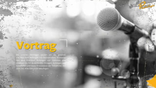 Ein Service vonEin Service vonEin Service von
Vortrag
Bei unseren Vorträgen spielen wir die gesamte
Klaviatur: Vom Aufzeigen von Sachverhalten, Skizzieren
von Best Practices, Aufzeigen von Optionen und
Ansätzen bis hin zu konkreten Ansagen, Aufzeigen von
Schwächen und klarer Provokation der Teilnehmer, mit
dem Ziel, eine Diskussion anzuregen.
 