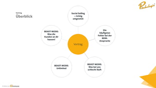 Ein Service von
Vortrag
Überblick
Vortrag
Social Selling
– richtig
umgesetzt
Die
häufigsten
Fehler bei der
BDM-
Ansprache
BEAST MODE:
Was bei uns
schlecht läuft
BEAST MODE:
Unlimited
BEAST MODE:
Was die
Kunden an dir
hassen!
 