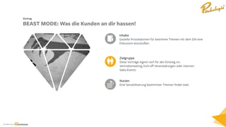 Ein Service von
Zielgruppe
Diese Vorträge eignen sich für den Einstieg ins
Vertriebsmeeting, Kick-off Veranstaltungen oder internen
Sales-Events.
Inhalte
Gezielte Provokationen für bestimme Themen mit dem Ziel eine
Diskussion anzustoßen.
Nutzen
Eine Sensibilisierung bestimmter Themen findet statt.
Vortrag
BEAST MODE: Was die Kunden an dir hassen!
 