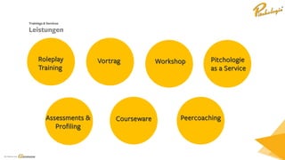 Ein Service von
Pitchologie
as a Service
WorkshopRoleplay
Training
Vortrag
Assessments &
Profiling
Courseware Peercoaching
Trainings & Services
Leistungen
 