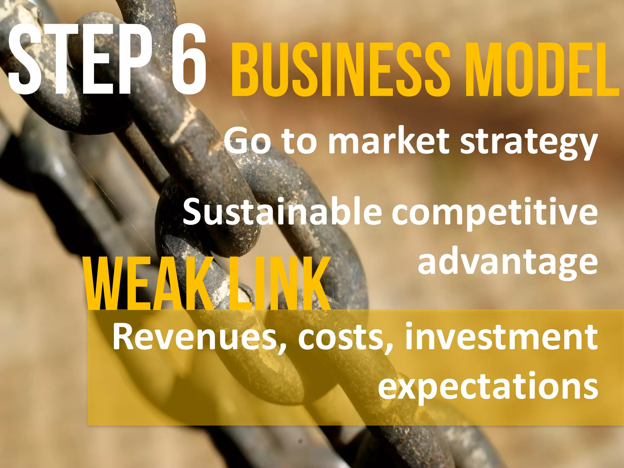 Step 6 Businessmodel
Go	to	market	strategy
Sustainable	competitive	
advantage
Revenues,	costs,	investment	
expectations
Weak link
 