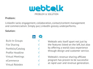 PROBLEM & SOLUTION
Problem:
LinkedIn lacks engagement, collaboration, contact/content management
and commercialism. Simply put, LinkedIn grossly underperforms.
Solution:
Built-In Groups √
File Sharing √
Portfolio/Catalog √
Proﬁle Headline √
Virtual Meetings √
eCommerce √
Virtual Roledex √
Webtalk sets itself apart not just by
the features listed on the left, but also
by offering a world class experience
through design and customer service.
Webtalk's revenue sharing afﬁliate
program has proven to be successful
at rapid user and revenue generation.
 