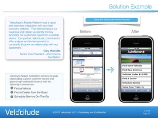 © 2010 Velocitude, LLC – Proprietary and Confidential
4/7/15
Page 22
Solution Example
Velocitude helped AutoNation achieve its goals
of providing superior customer service and
generating incremental revenue with the
following conveniences:
Find a Vehicle
Find a Dealer from the Road
Schedule Service On-The-Go
Velocitude s Mobile Platform was a quick
and seamless integration with our main
company website.  They learned about our
business and helped us identify the key
functions our customers need from a mobile
device.  Our partner, Velocitude, continues to
offer analysis and enhancements to
constantly improve our relationship with our
customers. 
Gary Marcotte
Senior Vice President - eCommerce
AutoNation
Using the Velocitude Mobile Platform
Before
 After
 