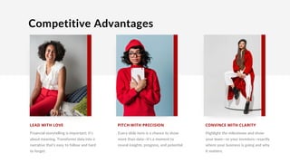 Competitive Advantages
Financial storytelling is important; it’s
about meaning. Transforms data into a
narrative that’s easy to follow and hard
to forget.
LEAD WITH LOVE
Every slide here is a chance to show
more than data—it’s a moment to
reveal insights, progress, and potential.
PITCH WITH PRECISION
Highlight the milestones and show
your team—or your investors—exactly
where your business is going and why
it matters.
CONVINCE WITH CLARITY
15
 