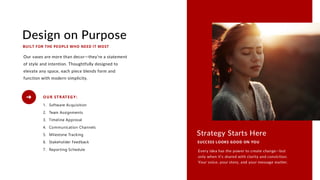 Design on Purpose
Our vases are more than decor—they’re a statement
of style and intention. Thoughtfully designed to
elevate any space, each piece blends form and
function with modern simplicity.
BUILT FOR THE PEOPLE WHO NEED IT MOST
Strategy Starts Here
Every idea has the power to create change—but
only when it’s shared with clarity and conviction.
Your voice, your story, and your message matter.
SUCCESS LOOKS GOOD ON YOU
OUR STRATEGY:
1. Software Acquisition
2. Team Assignments
3. Timeline Approval
4. Communication Channels
5. Milestone Tracking
6. Stakeholder Feedback
7. Reporting Schedule
 