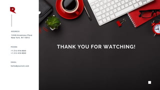 THANK YOU FOR WATCHING!
ADDRESS
123 45 Greatn ess Pla ce
New York, N Y 1 0012
PHONE
+1 212-418-800 0
+1 212-418-800 0
EMAIL
he llo@yourock.com
 