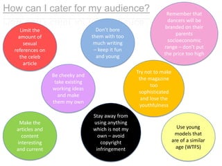 How can I cater for my audience?
Don’t bore
them with too
much writing
– keep it fun
and young

Limit the
amount of
sexual
references on
the celeb
article

Try not to make
the magazine
too
sophisticated
and lose the
youthfulness

Be cheeky and
take existing
working ideas
and make
them my own

Make the
articles and
content
interesting
and current

Remember that
dancers will be
branded on their
parents
socioeconomic
range – don’t put
the price too high

Stay away from
using anything
which is not my
own – avoid
copyright
infringement

Use young
models that
are of a similar
age (WTFS)

 