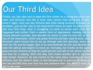 Our Third Idea
Finally, our last idea was to base the film trailer on a young boy and a girl
(Sam and Victoria) who fall in love, they cannot face being out of each
other’s sight, until one day Victoria dies after being involved in tragic car
accident, just on her way to her boyfriend’s home to meet his parents for
the very first time. Sam is struggling to come to terms with what has
happened and suffers from a severe form of depression, causing him to
almost become suicidal. Sam decides he wants to take his own life at the
top of the mountains, which was place Victoria and Sam used to love, until
Victoria’s spirit forces him to not go through with this decision, move on
with his life and be happy. Sam is so overwhelmed by this and decides to
take her advice and begins to move on. Everyday, he travels to the same
place he saw Victoria so that he could see her and talk to her about his life
and how he is coping. Until one day, Sam meets another girl at his new
high school. However, he still travels to the same place everyday to meet
Victoria, but she doesn’t show. Is this because she is jealous? Or because
she has decided that now Sam has met someone else, she doesn’t want to
get in the way?

 