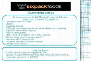 Competitive Analysis II What makes SixPackFoods unique:   Orders are made weekly, rather than daily, without menu choices, cutting down on time spent reviewing menus and placing orders.  