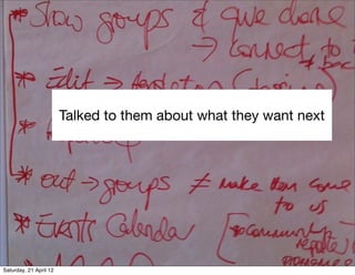 Talked to them about what they want next




Saturday, 21 April 12
 