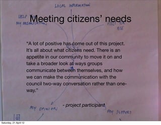 Meeting citizens’ needs

                        “A lot of positive has come out of this project.
                        It’s all about what citizens need. There is an
                        appetite in our community to move it on and
                        take a broader look at ways groups
                        communicate between themselves, and how
                        we can make the communication with the
                        council two-way conversation rather than one-
                        way.”


                                         - project participant


Saturday, 21 April 12
 