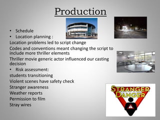 Production
• Schedule
• Location planning :
Location problems led to script change
Codes and conventions meant changing the script to
include more thriller elements
Thriller movie generic actor influenced our casting
decision
• Risk assessment:
students transitioning
Violent scenes have safety check
Stranger awareness
Weather reports
Permission to film
Stray wires
 