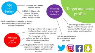 Target audience
profile
Age
and
Gender
Attitudes
and
Lifestyle
Reaching
our target
audience
16-25 year old's skewed
towards females
In 2014, 15-24 year old's
made up the largest
proportion of the UK
cinema audience, at 31%
A wide range of genres appealed to women,
whereas men were drawn to films with a
strong action element.
Our target audience will not necessarily be
frequent cinema-goers but with the right
promotion will go an see films on the
occasion.
The younger part of the
audience are likely to be able to
relate to the characters and the
storyline.
The target audience will be big on social
media and always on their phones and
connecting to people via the internet.
As our target audience will be
frequent social media users, we will
promote the film through various
social medias, which is also free.
They will see our products
on all of the social media
sites below.
 