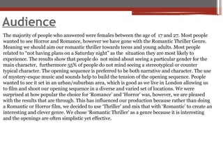 Audience
The majority of people who answered were females between the age of 17 and 27. Most people
wanted to see Horror and Romance, however we have gone with the Romantic Thriller Genre.
Meaning we should aim our romantic thriller towards teens and young adults. Most people
related to “not having plans on a Saturday night” as the situation they are most likely to
experience. The results show that people do not mind about seeing a particular gender for the
main character, furthermore 55% of people do not mind seeing a stereotypical or counter
typical character. The opening sequence is preferred to be both narrative and character. The use
of mystery-esque music and sounds help to build the tension of the opening sequence. People
wanted to see it set in an urban/suburban area, which is good as we live in London allowing us
to film and shoot our opening sequence in a diverse and varied set of locations. We were
surprised at how popular the choice for ‘Romance’ and ‘Horror’ was, however, we are pleased
with the results that are through. This has influenced our production because rather than doing
a Romantic or Horror film, we decided to use ‘Thriller’ and mix that with ‘Romantic’ to create an
interesting and clever genre. We chose ‘Romantic Thriller’ as a genre because it is interesting
and the openings are often simplistic yet effective.
 