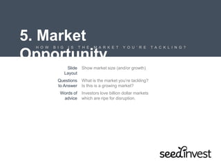 5. Market Opportunity
H O W B I G I S T H E M A R K E T Y O U ’ R E T A C K L I N G ?
Slide
Layout
Show market size (and/or growth)
Questions
to Answer
What is the market you’re tackling?
Is this is a growing market?
Words of
advice
Investors love billion dollar markets
which are ripe for disruption.
 