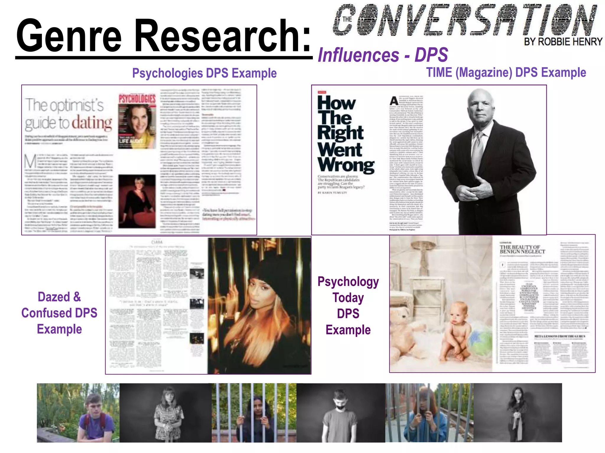 Genre Research:Influences - DPS
Dazed &
Confused DPS
Example
TIME (Magazine) DPS ExamplePsychologies DPS Example
Psychology
Today
DPS
Example
 