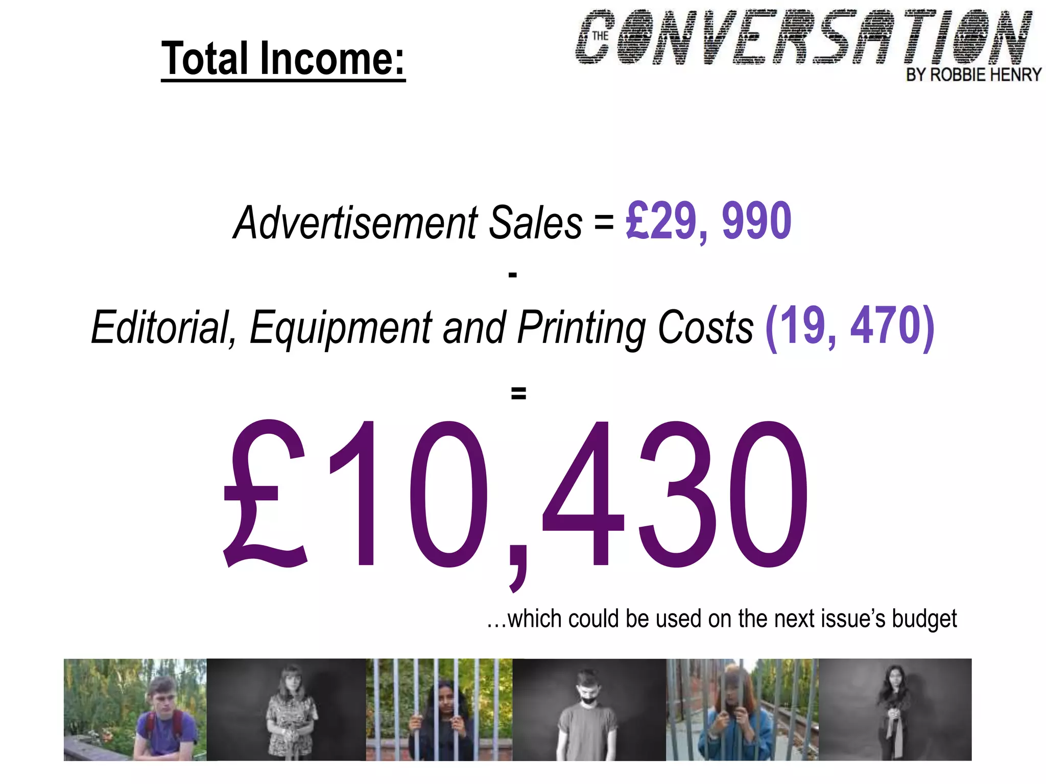 Total Income:
£10,430
Advertisement Sales = £29, 990
-
Editorial, Equipment and Printing Costs (19, 470)
=
…which could be used on the next issue’s budget
 