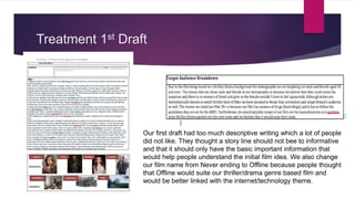 Treatment 1st Draft
Our first draft had too much descriptive writing which a lot of people
did not like. They thought a story line should not bee to informative
and that it should only have the basic important information that
would help people understand the initial film idea. We also change
our film name from Never ending to Offline because people thought
that Offline would suite our thriller/drama genre based film and
would be better linked with the internet/technology theme.
 