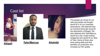 Cast list
Abigail Tyler/Marcus Amanda
The people we chose for our
cast are people we thought
would fit in on our character
descriptions. We believed that
an innocent blond girl would fit
the description of Abigail. We
also believed that Tyler/Marcus
would be a tall, rough looking
antagonist and would fit our idea
of Tyler. Some of them also
have acting skills and that
benefits our production and
increase our film quality.
 