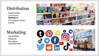 Distribution
Supermarkets
Local movie
theatres
Newsagents
Film festival in North
London
Marketing
Social Media
Billboards
Bus station
advertisements
 