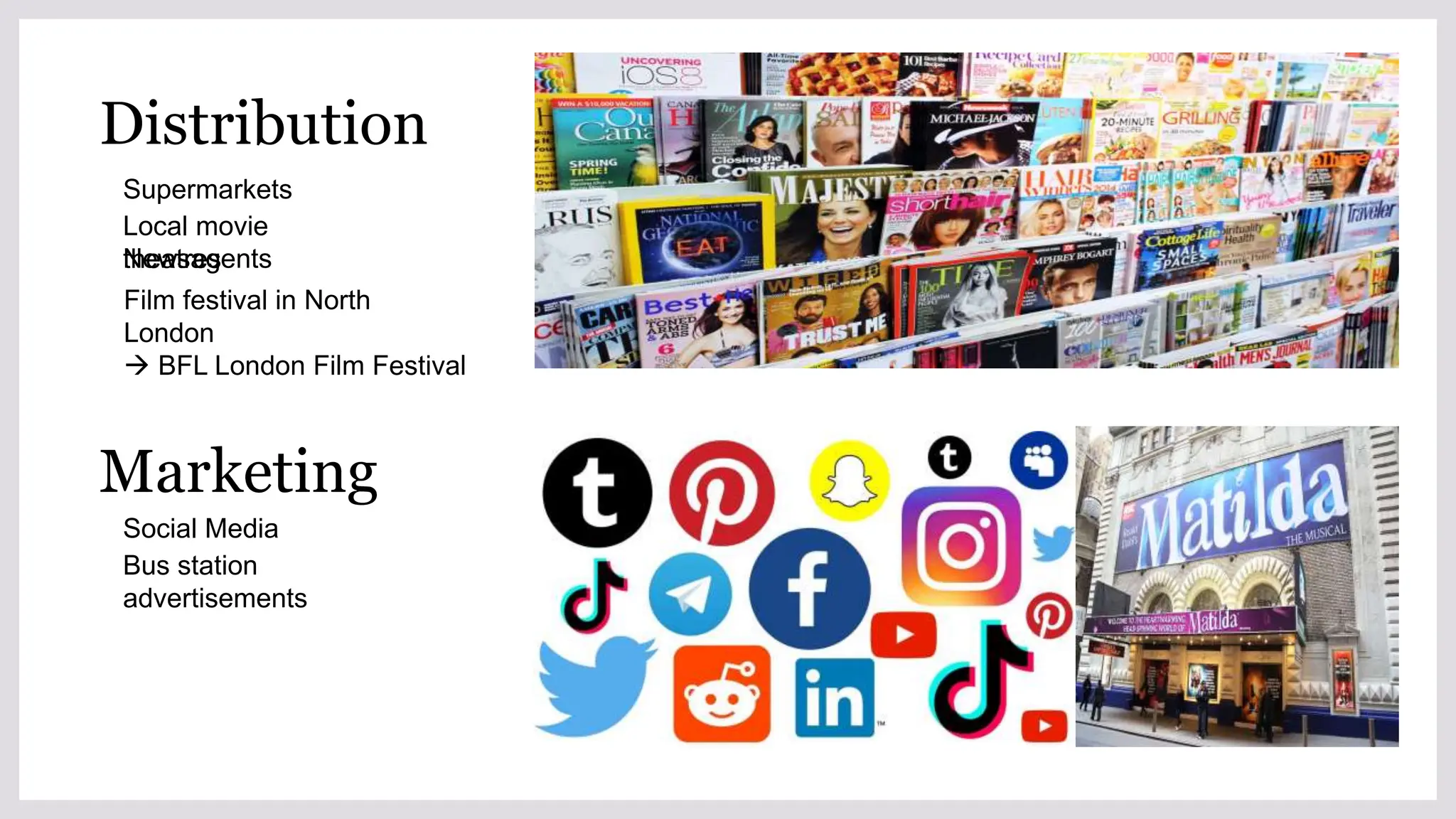 Distribution
Supermarkets
Local movie
theatres
Newsagents
Film festival in North
London
 BFL London Film Festival
Marketing
Social Media
Bus station
advertisements
 