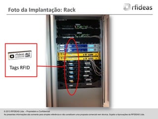 Foto da Implantação: Rack

Tags RFID

© 2013 RFIDEAS Ltda. – Proprietário e Confidencial
As presentes informações são somente para simples referência e não constituem uma proposta comercial nem técnica. Sujeito a Aprovações da RFIDEAS Ltda.

 