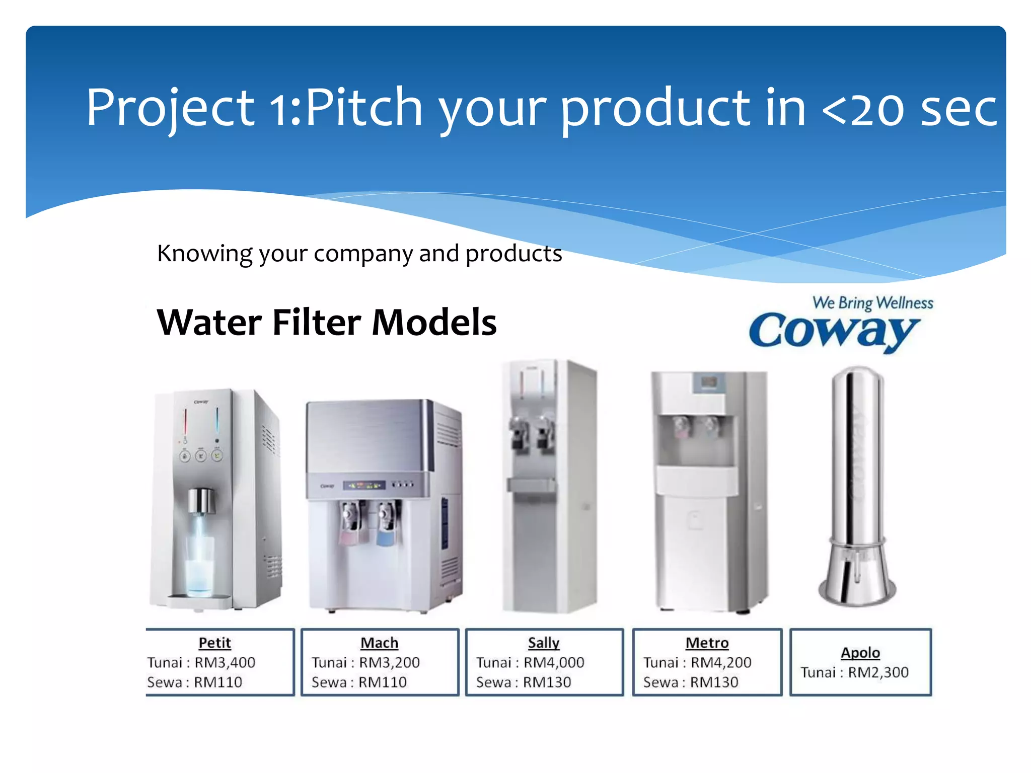 Project 1:Pitch your product in <20 sec
Water Filter Models
Knowing your company and products
 