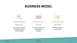 BUSINESS MODEL
RESEARCH
We based our research
on market trends and
commercial sales
DESIGN
We believe people need
energy efficient
buildings
ABSTRACT
Minimalist design and
easy to build
7/1/20XX Pitch deck title 8
 