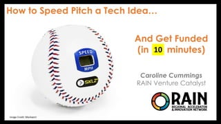 How to Speed Pitch a Tech Idea…
And Get Funded
(in minutes)
Caroline Cummings
RAIN Venture Catalyst
Image Credit: Markwort
10
 