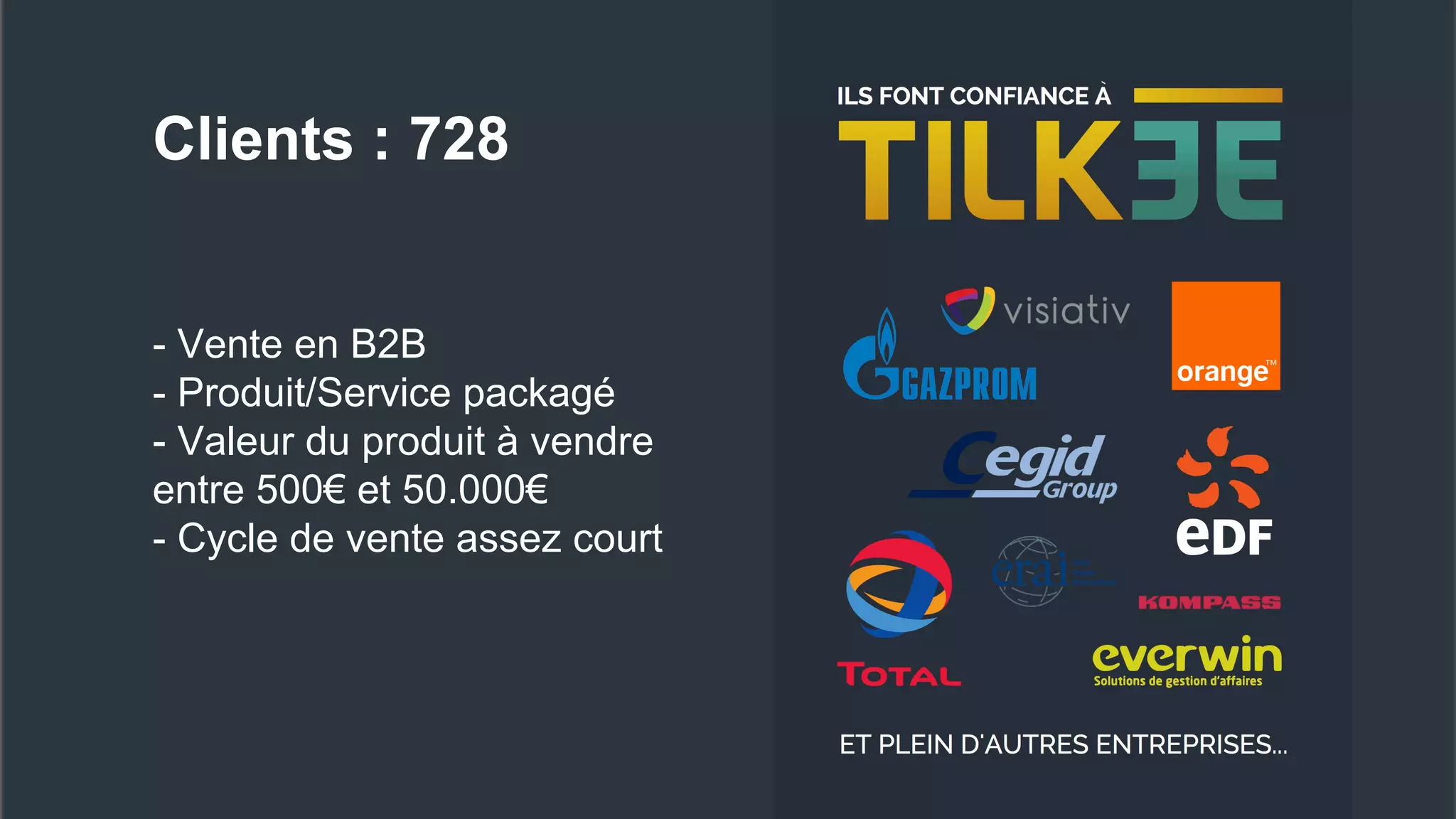 Clients : 728
- Vente en B2B
- Produit/Service packagé
- Valeur du produit à vendre
entre 500€ et 50.000€
- Cycle de vente assez court