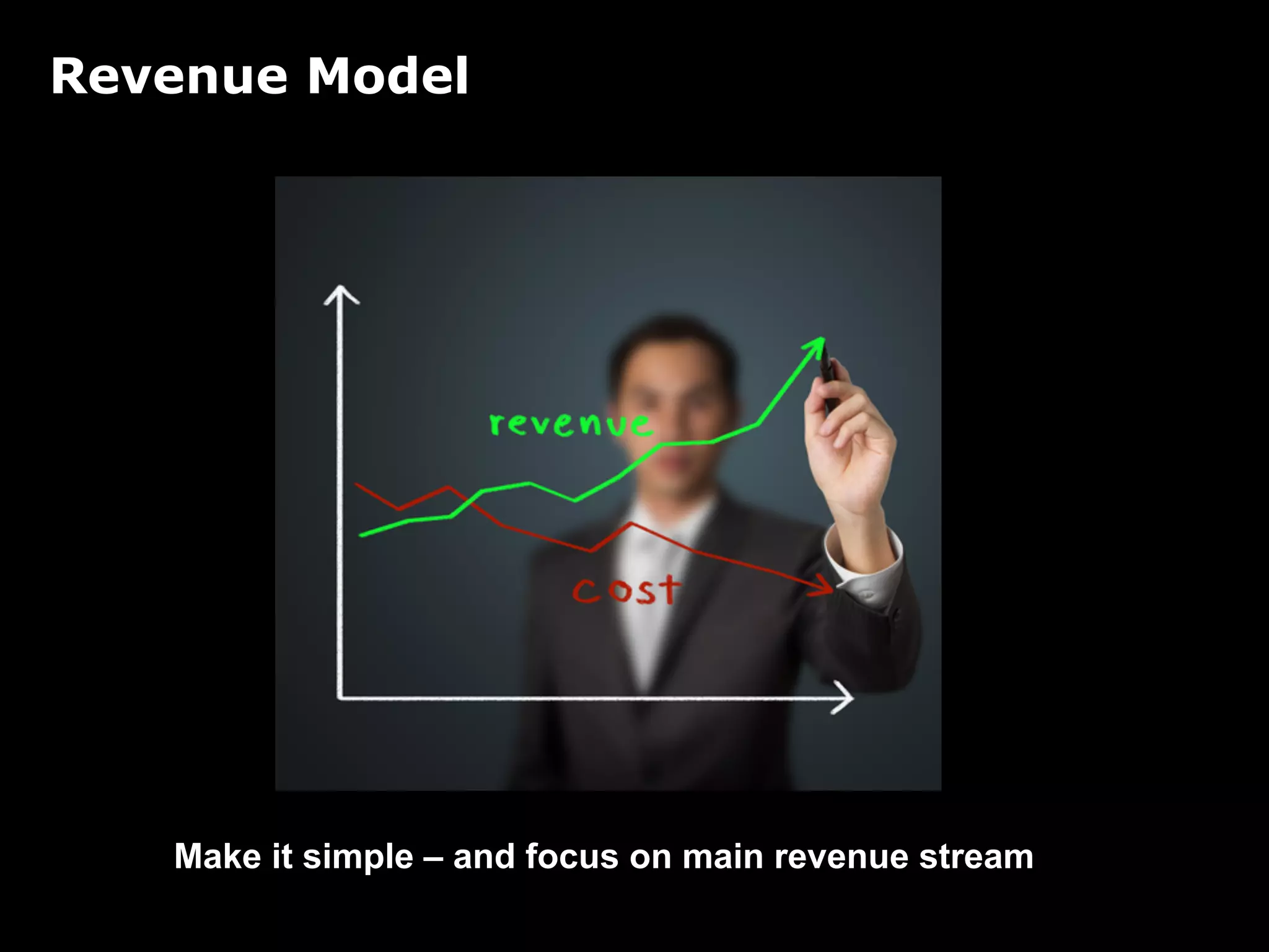 Revenue Model
Make it simple – and focus on main revenue stream
 