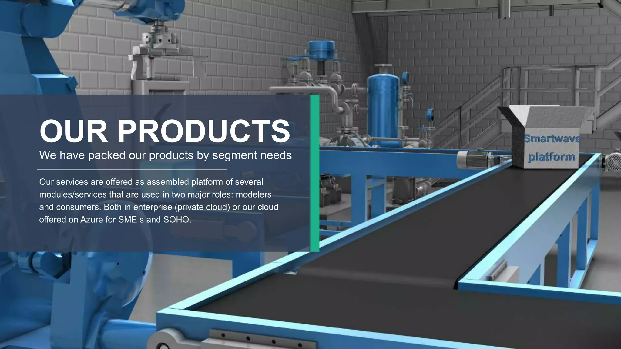17
OUR PRODUCTS
We have packed our products by segment needs
Our services are offered as assembled platform of several
modules/services that are used in two major roles: modelers
and consumers. Both in enterprise (private cloud) or our cloud
offered on Azure for SME s and SOHO.
 