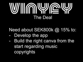 The Deal
Need about SEK800k @ 15% to:
- Develop the app
- Build the right canva from the
start regarding music
copyrights
 