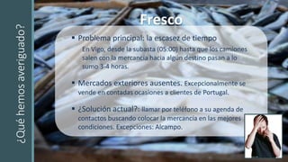 ¿Quéhemosaveriguado?
 Problema principal: la escasez de tiempo
En Vigo, desde la subasta (05:00) hasta que los camiones
salen con la mercancía hacia algún destino pasan a lo
sumo 3-4 horas.
 Mercados exteriores ausentes. Excepcionalmente se
vende en contadas ocasiones a clientes de Portugal.
 ¿Solución actual?: llamar por teléfono a su agenda de
contactos buscando colocar la mercancía en las mejores
condiciones. Excepciones: Alcampo.
Fresco
 