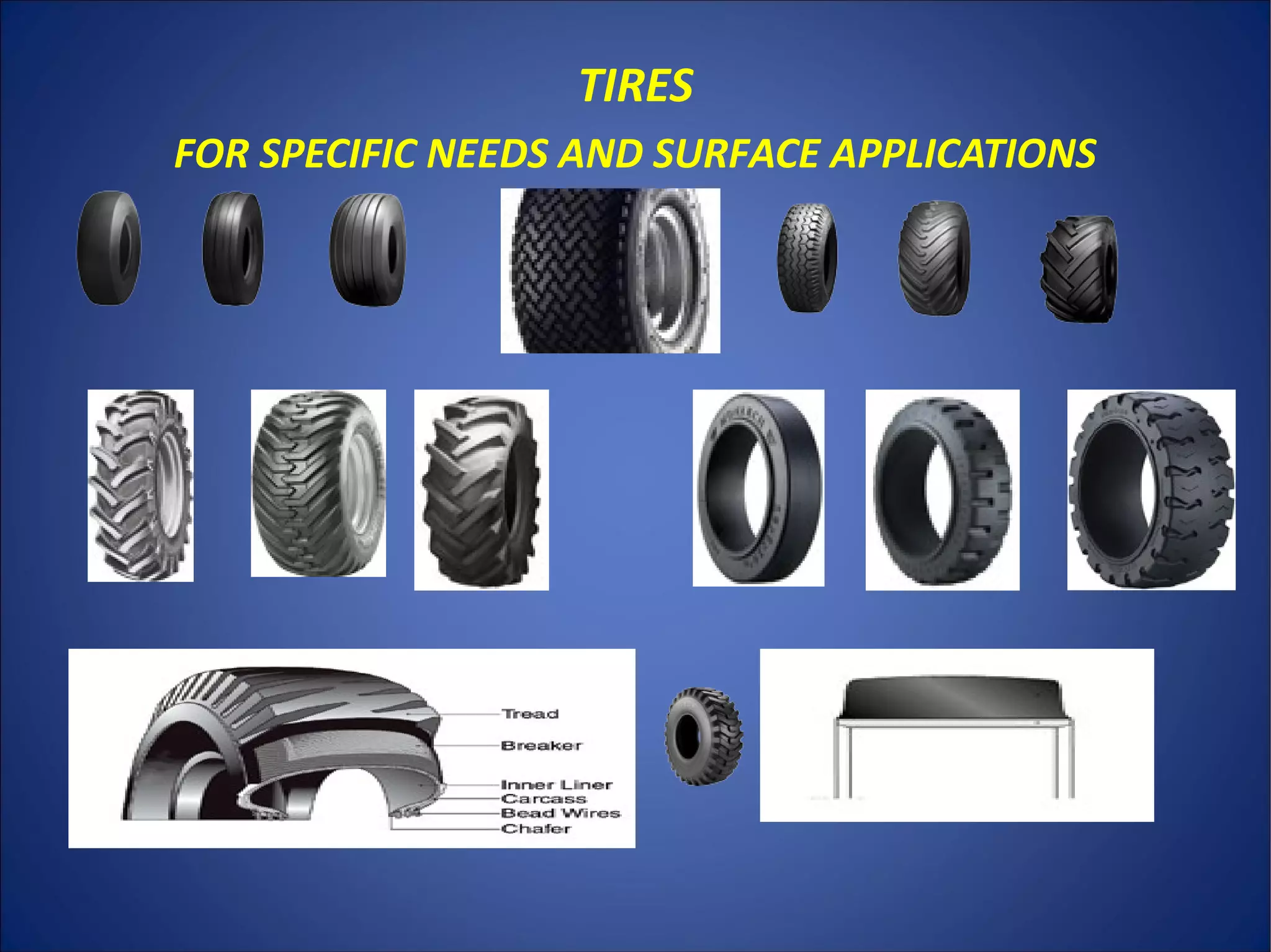 TIRES
FOR SPECIFIC NEEDS AND SURFACE APPLICATIONS
 