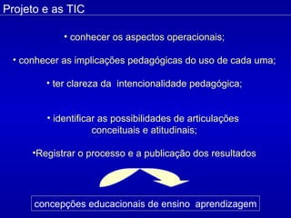 Projeto e as TIC  conhecer os aspectos operacionais; conhecer as implicações pedagógicas do uso de cada uma; ter clareza da  intencionalidade pedagógica; identificar as possibilidades de articulações  conceituais e atitudinais; Registrar o processo e a publicação dos resultados concepções educacionais de ensino  aprendizagem 