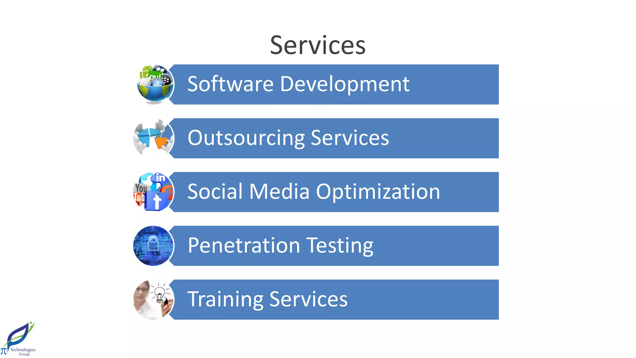 Services
1 2Software Development
Outsourcing Services
Social Media Optimization
Penetration Testing
Training Services
 